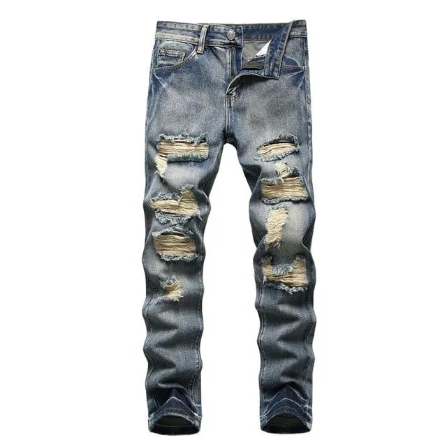 Autumn Retro Hole Cotton Denim Plus Size Jeans Pants for Men