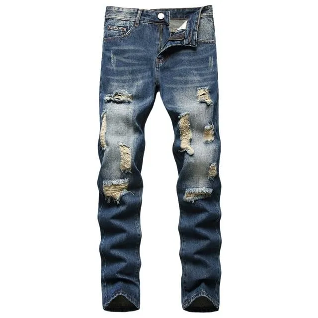 Autumn Retro Hole Cotton Denim Plus Size Jeans Pants for Men