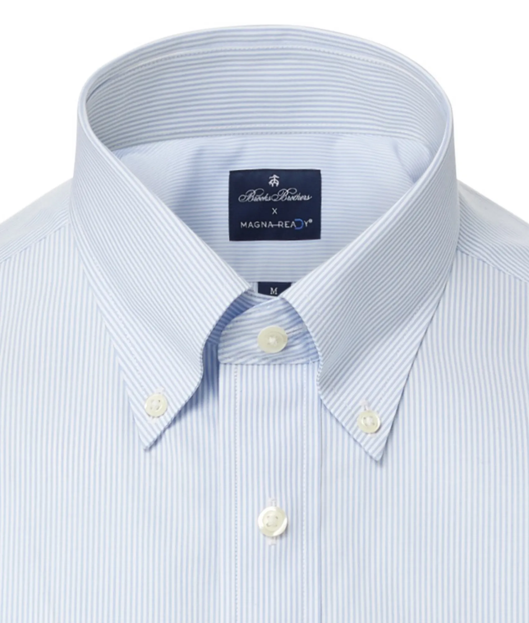 Brooks Brothers  X MagnaReady Stretch Long Sleeve Blue and White Stripe Polo Button-Down Collar with Magnetic Closures