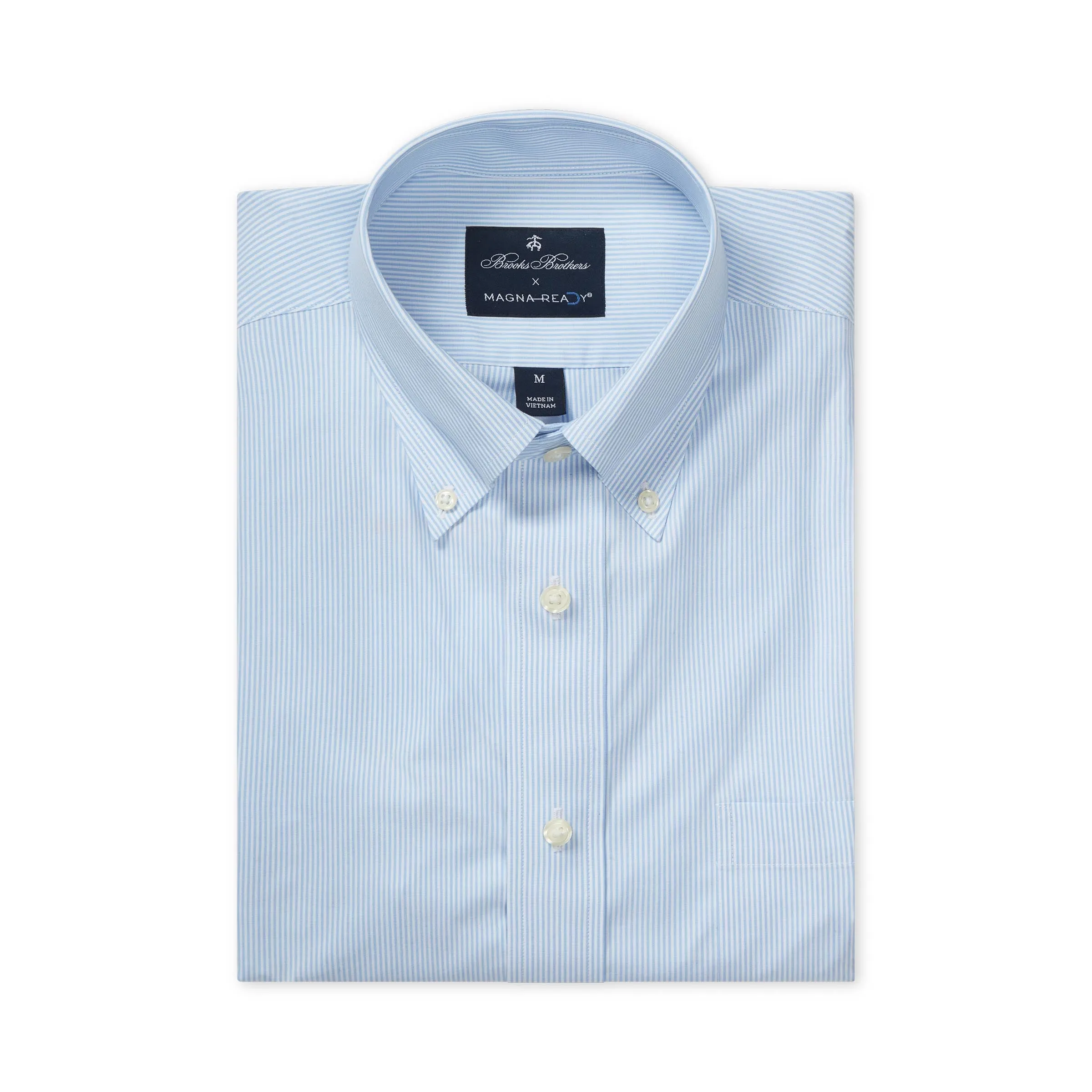 Brooks Brothers  X MagnaReady Stretch Long Sleeve Blue and White Stripe Polo Button-Down Collar with Magnetic Closures