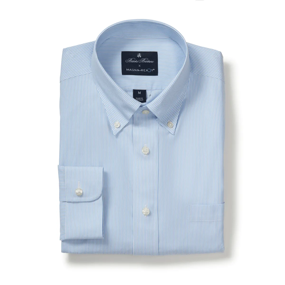 Brooks Brothers  X MagnaReady Stretch Long Sleeve Blue and White Stripe Polo Button-Down Collar with Magnetic Closures