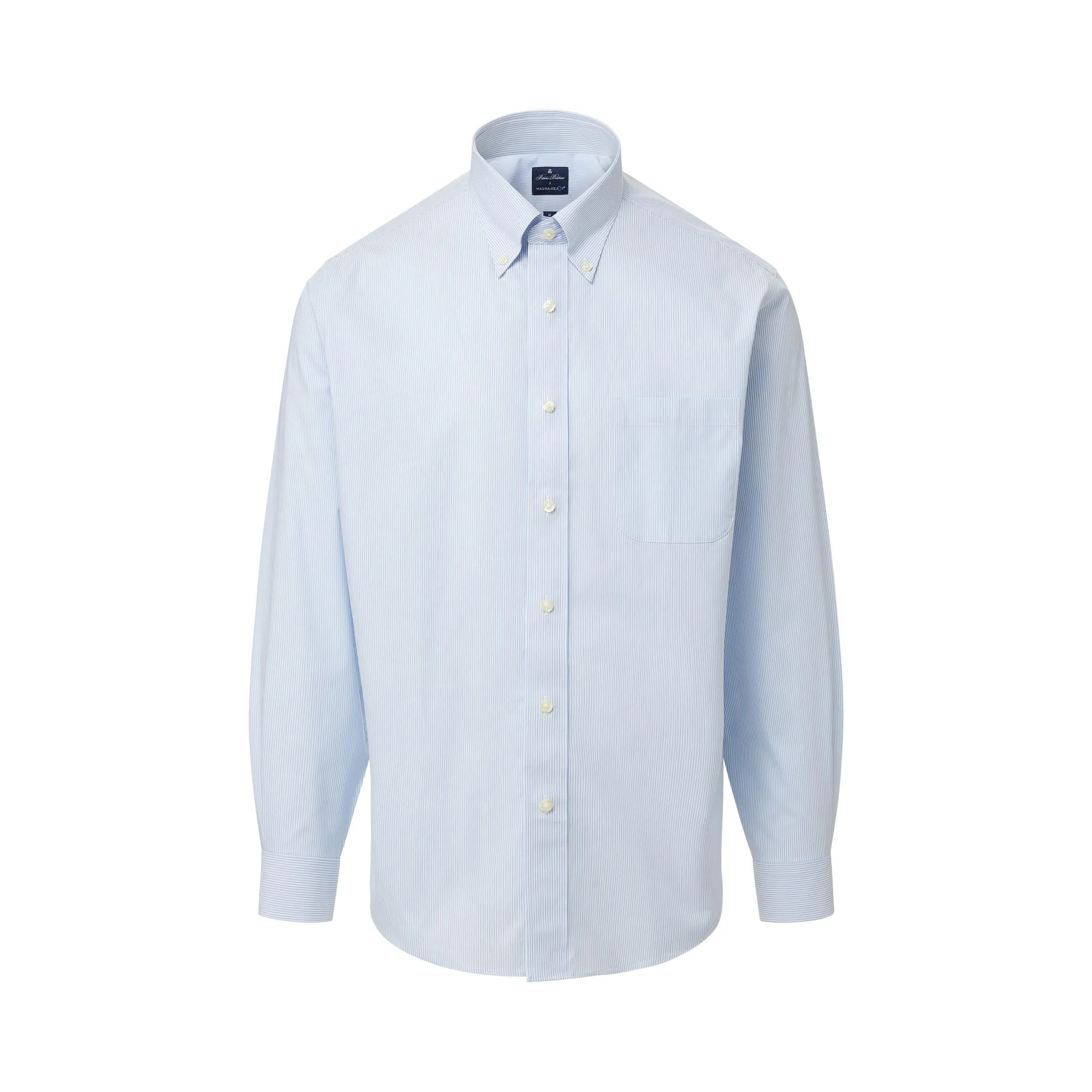 Brooks Brothers  X MagnaReady Stretch Long Sleeve Blue and White Stripe Polo Button-Down Collar with Magnetic Closures