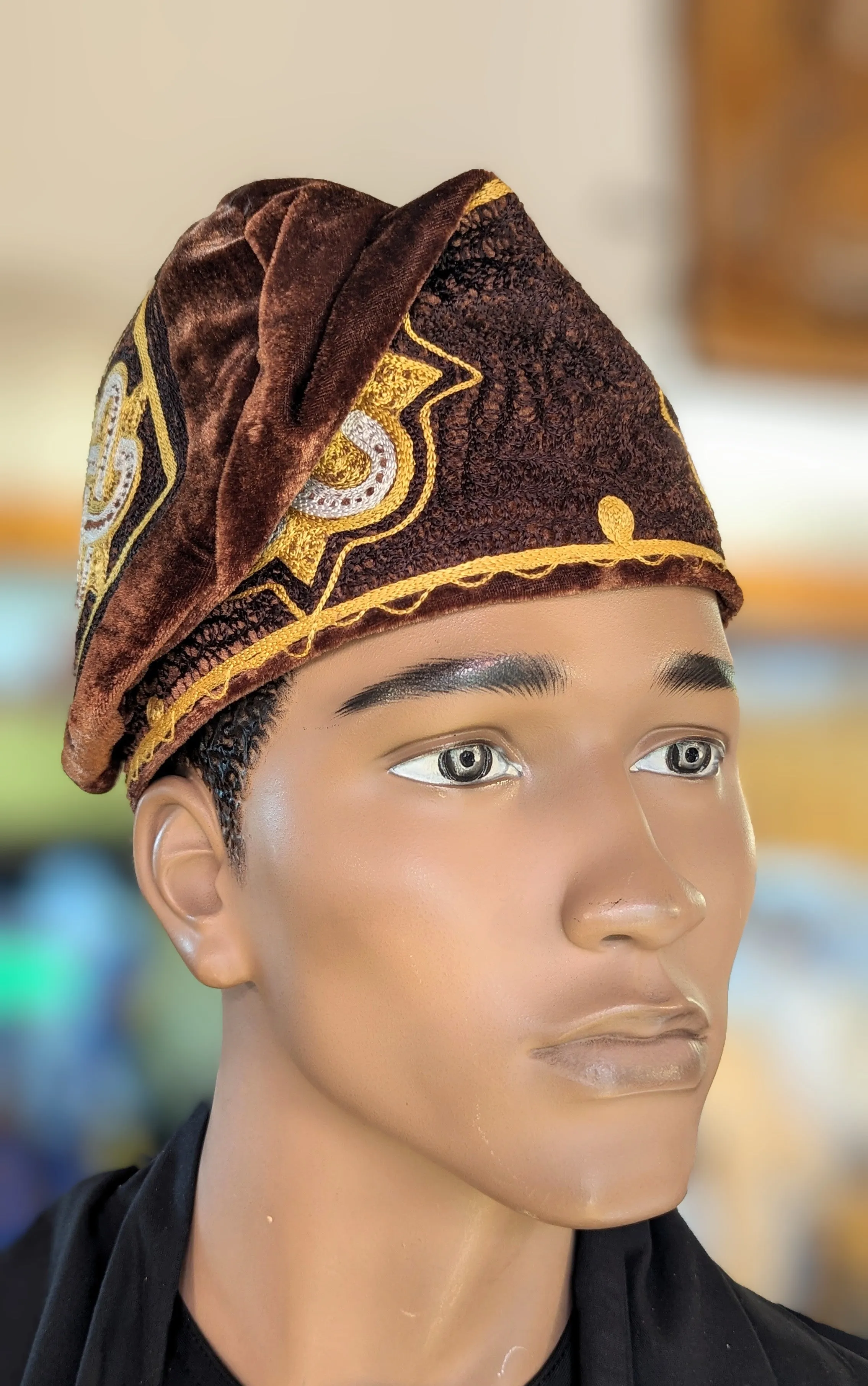 Dupsie's Brown Velvet Nigerian African Gold Cream Embroidered Aso Oke Handwoven Fila Kufi Cap Hat DPHAVBGC4