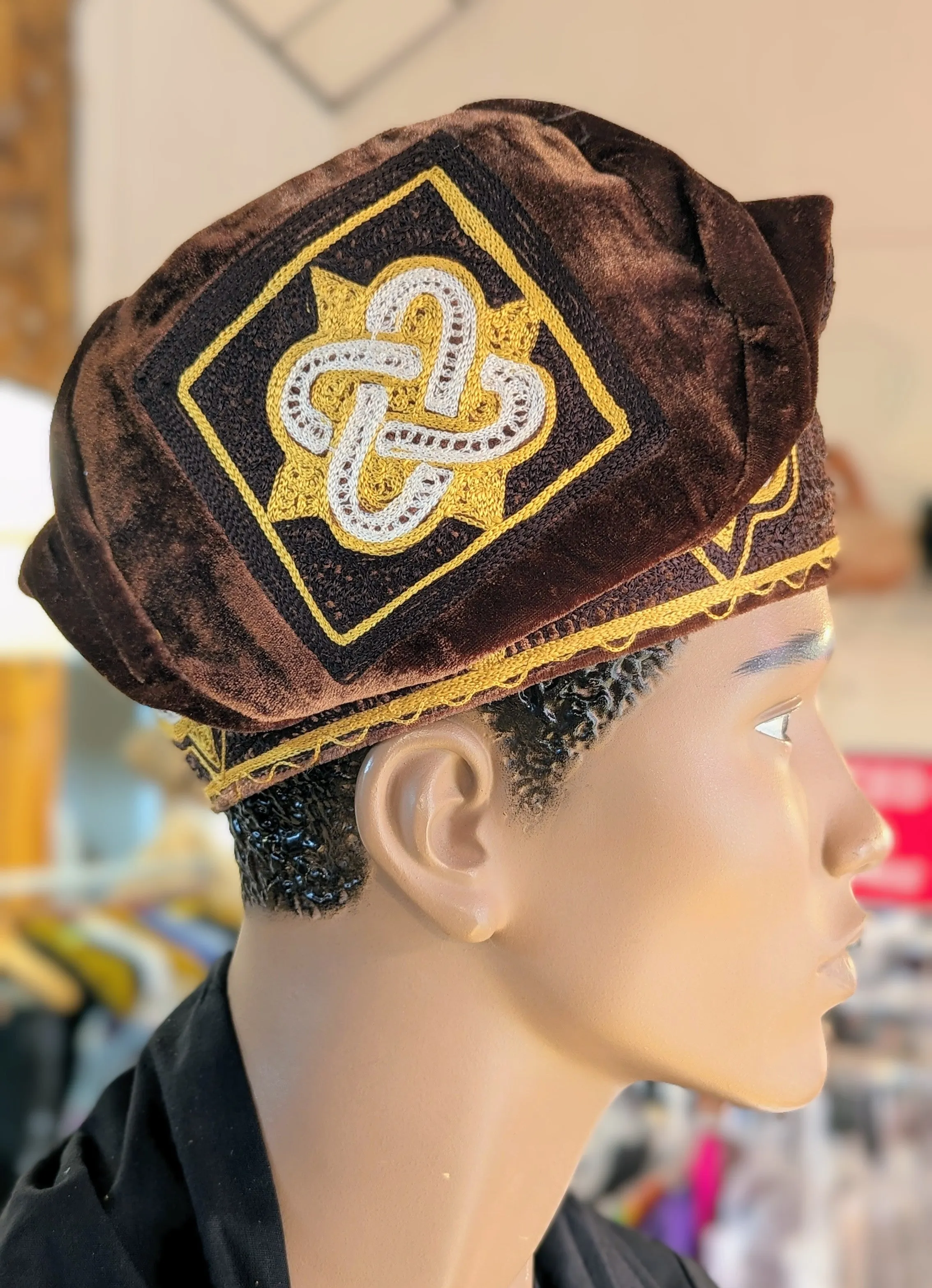 Dupsie's Brown Velvet Nigerian African Gold Cream Embroidered Aso Oke Handwoven Fila Kufi Cap Hat DPHAVBGC4