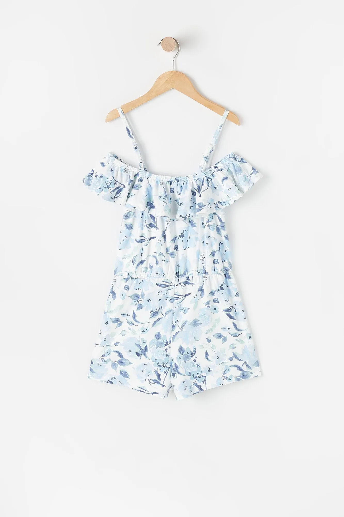 Girls Soft Blue Floral Cold Shoulder Peasant Romper