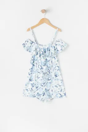 Girls Soft Blue Floral Cold Shoulder Peasant Romper