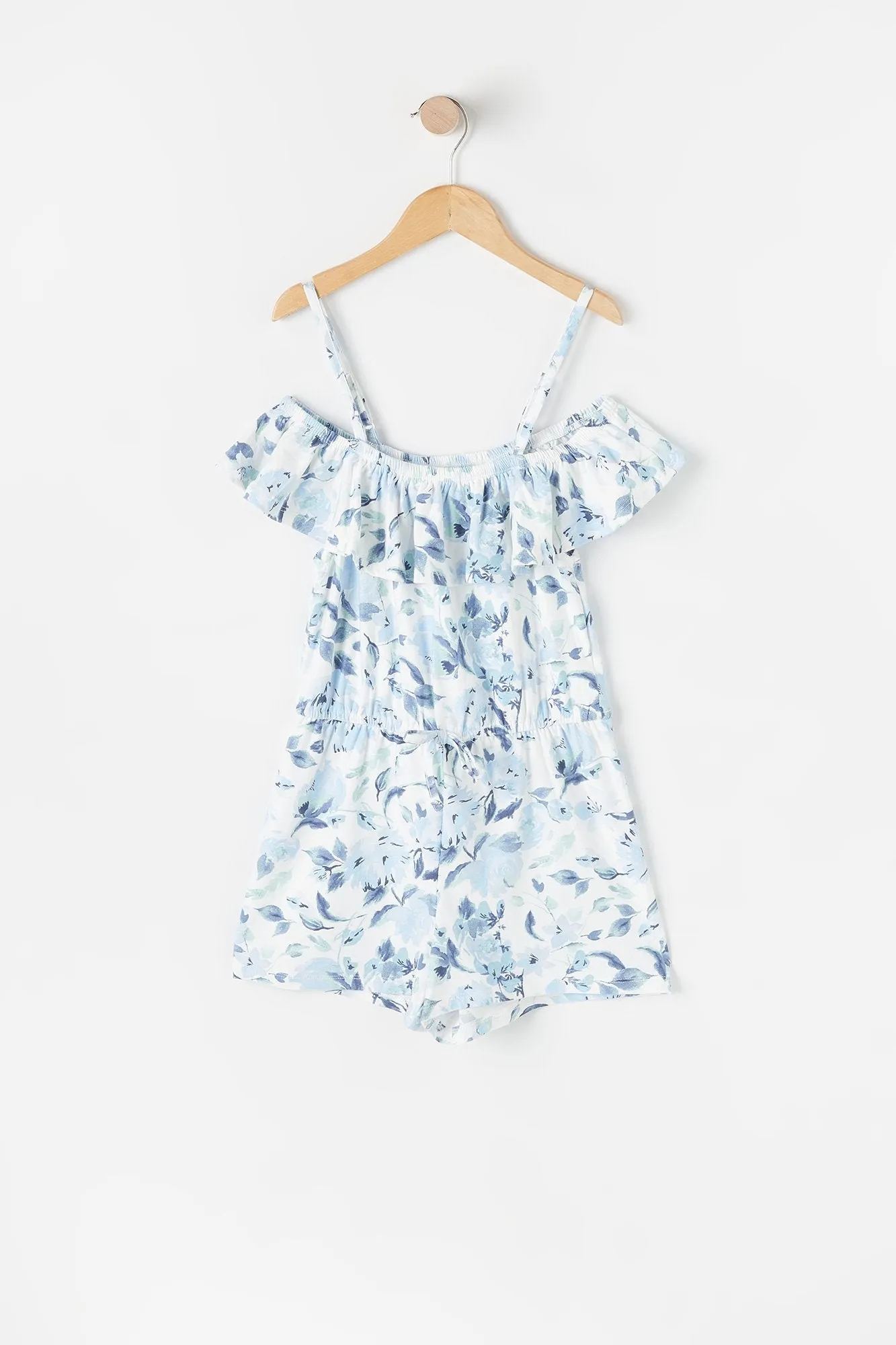 Girls Soft Blue Floral Cold Shoulder Peasant Romper