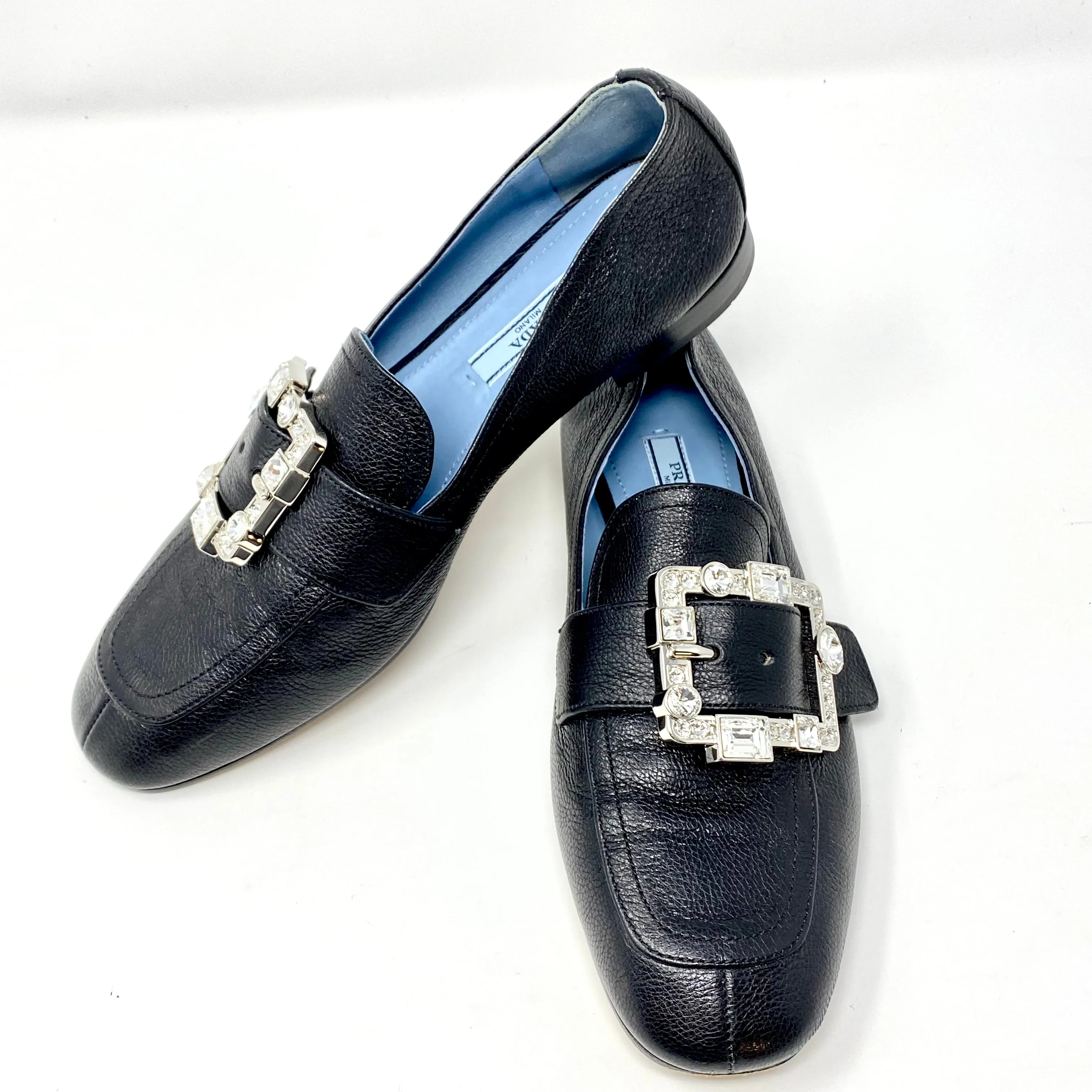 PRADA Black Leather Crystal Buckle Square Toe Loafer Flats Size 37.5 | 7