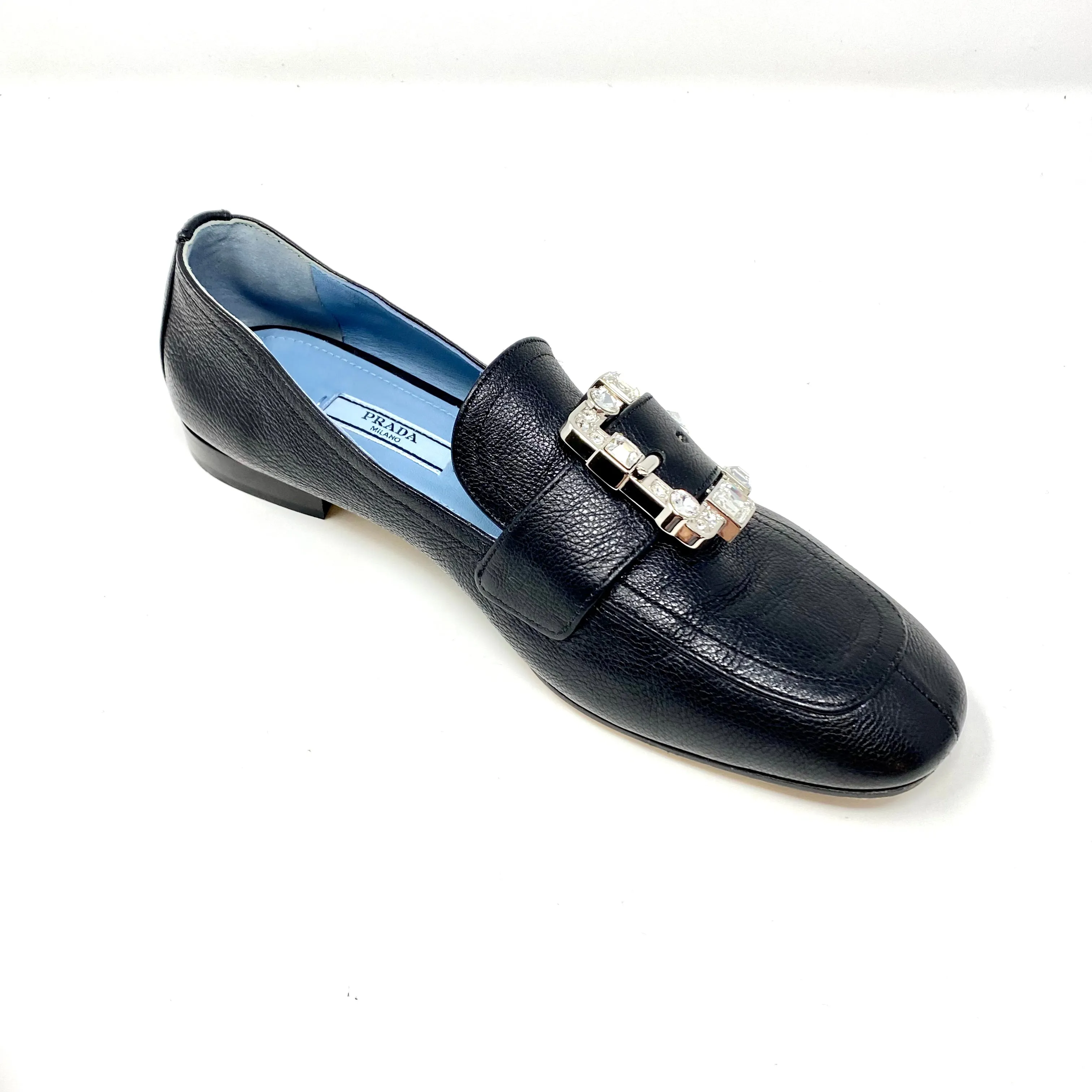 PRADA Black Leather Crystal Buckle Square Toe Loafer Flats Size 37.5 | 7