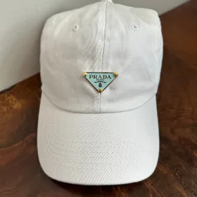 Upcycled Baby Blue/Gold Prada Tag Hat in White (undistressed)